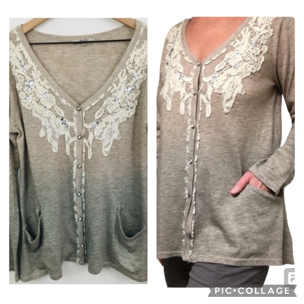 Miss Me Ombré Cardigan Lace Rhinestones Crystal Accents Size L Beige/Gray
